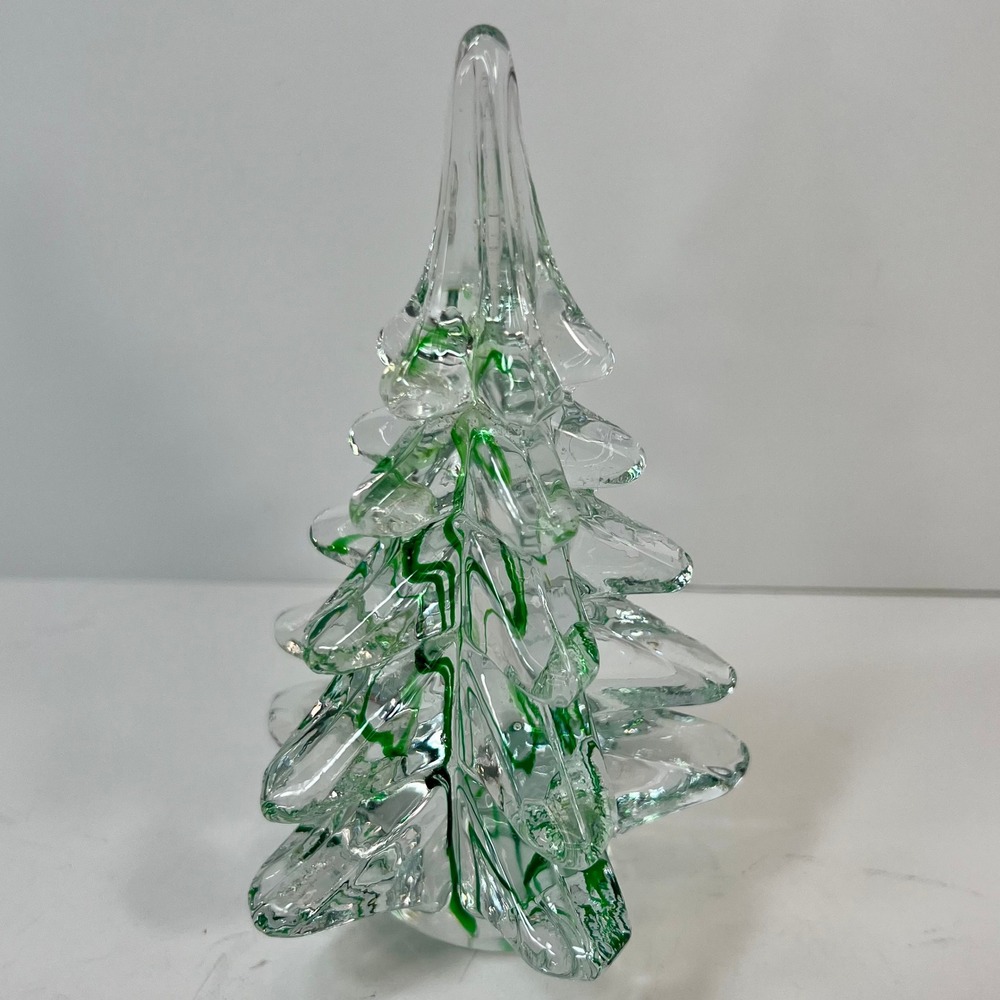 Art Glass Christmas Tree Figurine Clear with Green Swirl 5.25 Inch Holiday Decor - Picture 8 of 9